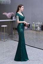 Long Sleeve V Neck Lace Prom Dresses Thin Cap Sleeve