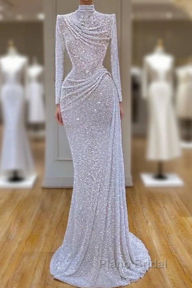 Long Sleeve White Sequin Pleated Long Formal Prom Dresses