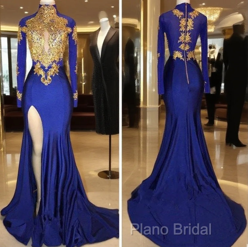 Long Sleeves Blue Gold Formal Prom Dresses Side Slit Formal Gowns Main image
