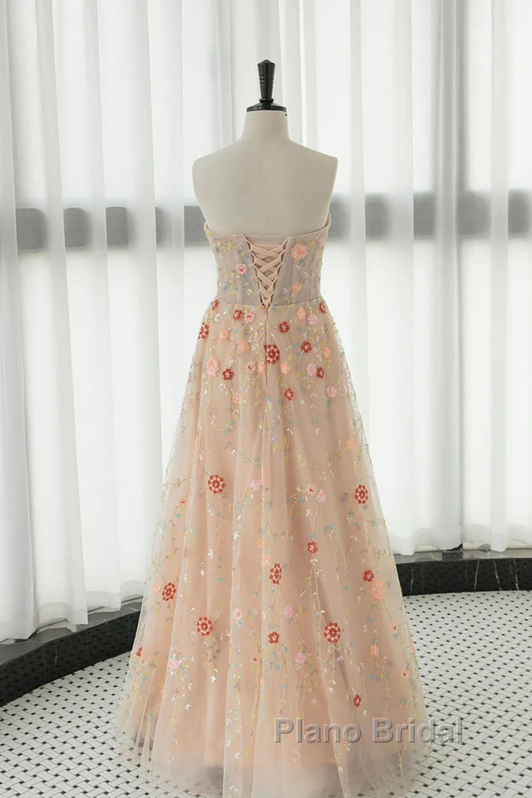 Long Sleeves Champagne Lace Floral Long Formal Prom Dresses, Long Sleeves Champagne Lace Floral Formal Evening Dresses Secondary image