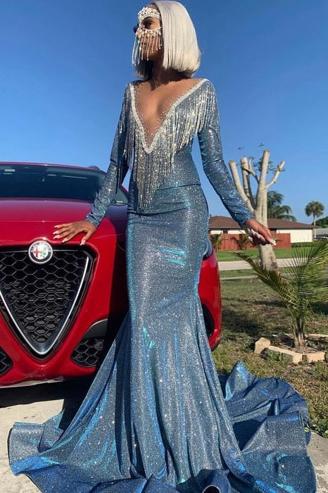 Long Sleeves Deep V-Neck Mermaid Prom Dress Sequins Royal Blue Pink Long Secondary image
