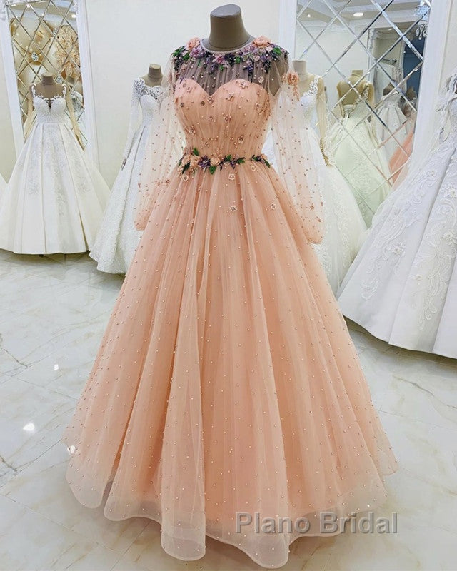 Long Sleeves Evening Dresses Tulle Flowers Beaded