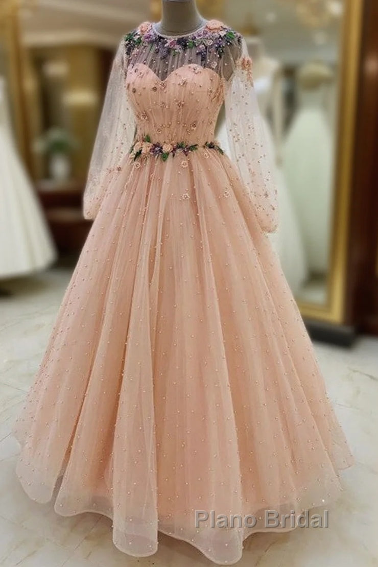 Long Sleeves Evening Dresses Tulle Flowers Beaded Main image