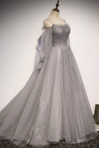Grey Shiny Elegant Long Sleeves Long Tulle Formal Prom Dresses Formal Dresses Formal Evening Gown Graduation Dresses