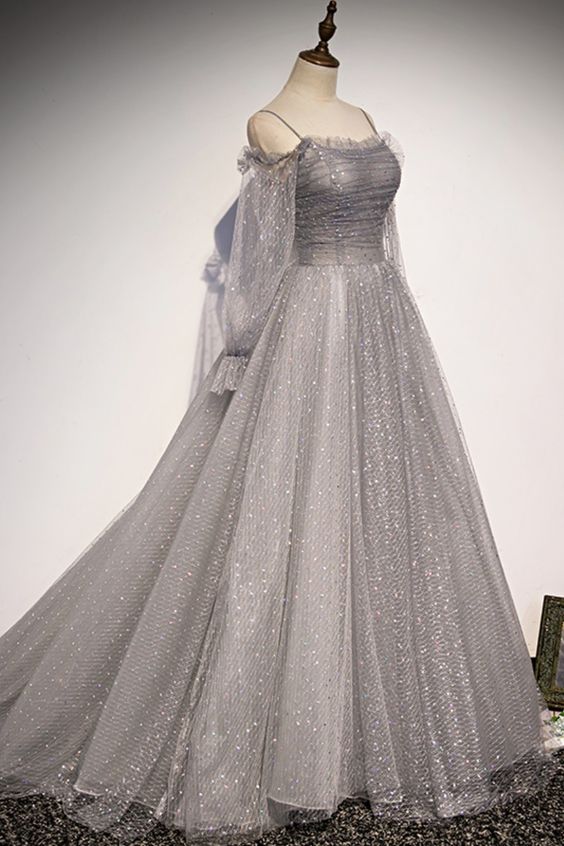 Grey Shiny Elegant Long Sleeves Long Tulle Formal Prom Dresses Formal Dresses Formal Evening Gown Graduation Dresses