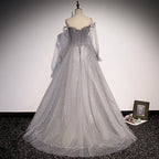Grey Shiny Elegant Long Sleeves Long Tulle Formal Prom Dresses Formal Dresses Formal Evening Gown Graduation Dresses