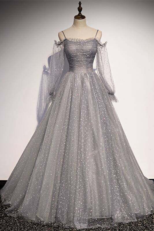 Grey Shiny Elegant Long Sleeves Long Tulle Formal Prom Dresses Formal Dresses Formal Evening Gown Graduation Dresses