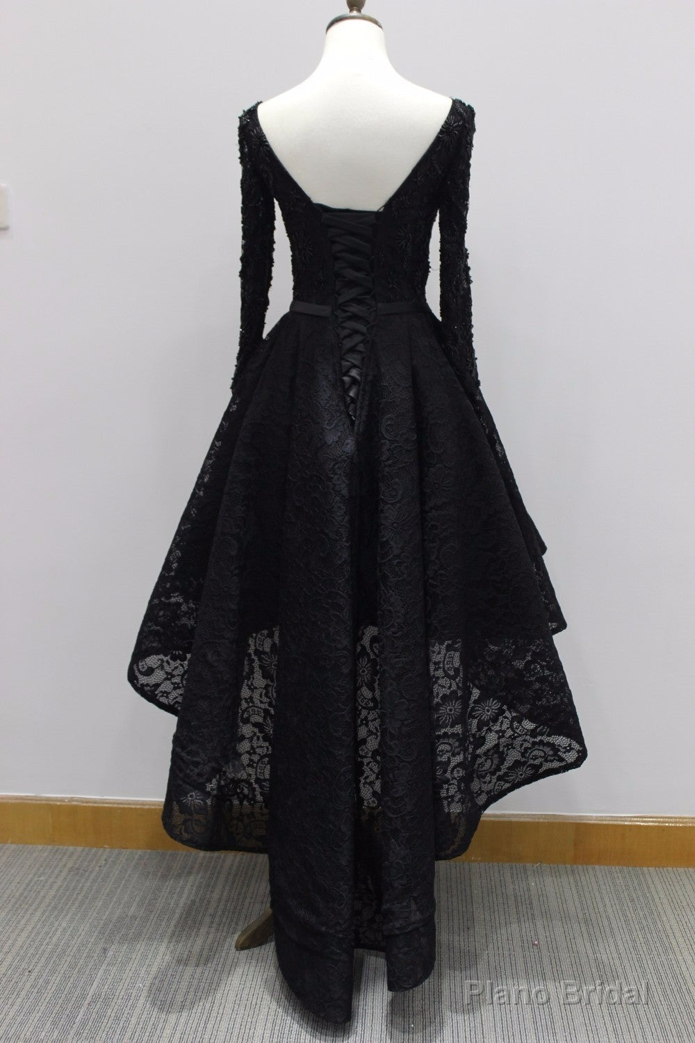 Long Sleeves Lace High Low Party Dress , Beaded Black Evening Dress Secondary image