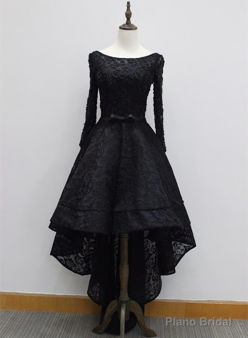 Long Sleeves Lace High Low Party Dress , Beaded Black Evening Dress Main image