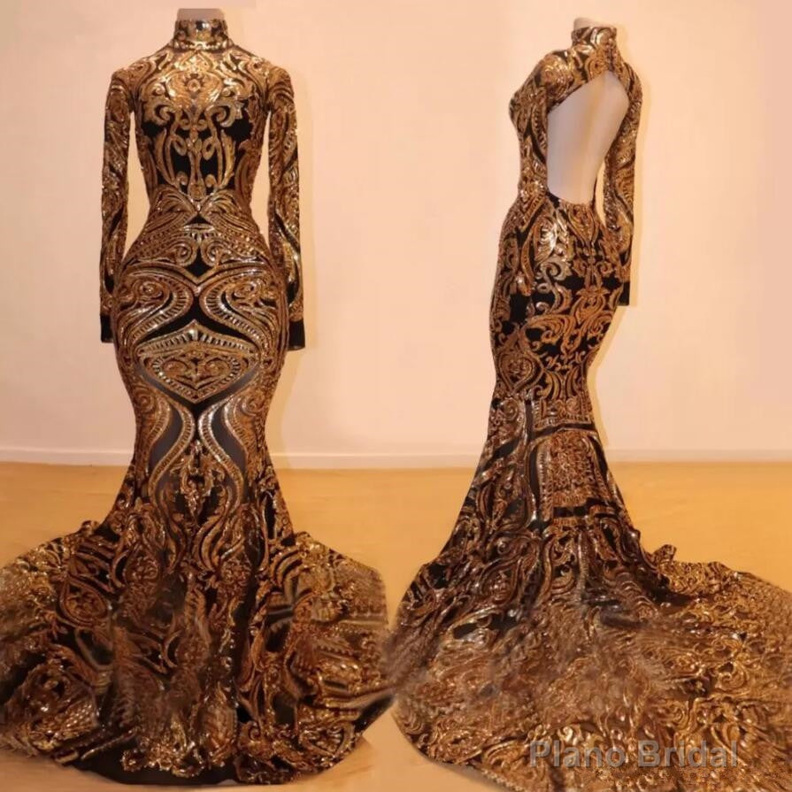Long Sleeves Mermaid Prom Dress Gold Appliques Open Back