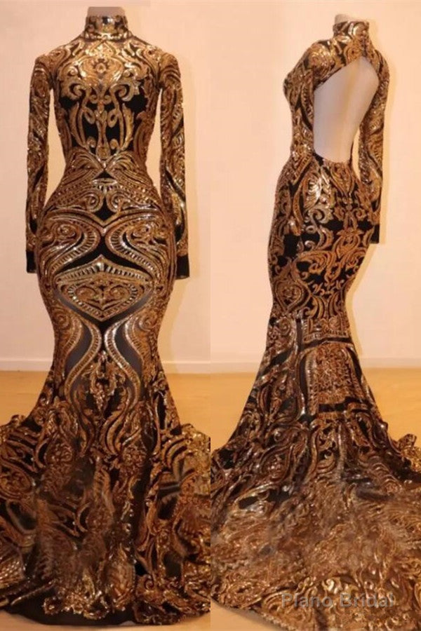 Long Sleeves Mermaid Prom Dress Gold Appliques Open Back Main image