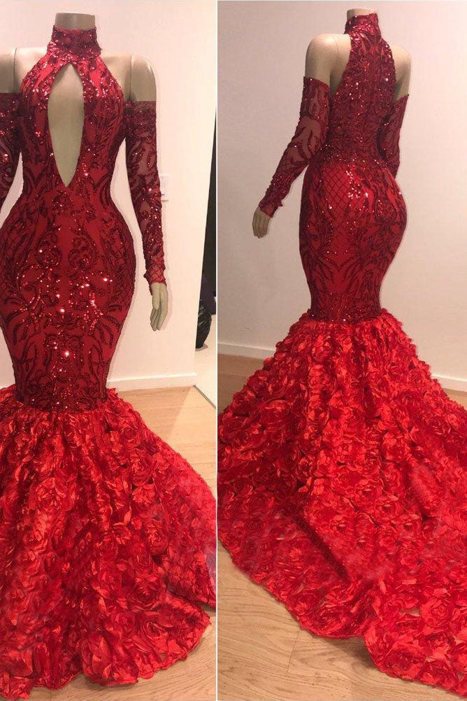 Long Sleeves Modest Halter Mermaid Prom Dress Sequins Long Red Secondary image