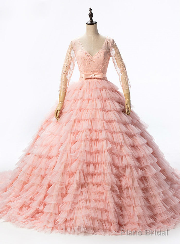 Long Sleeves Peach Sexy Tulle Sequined Tiered Wedding Dress Main image