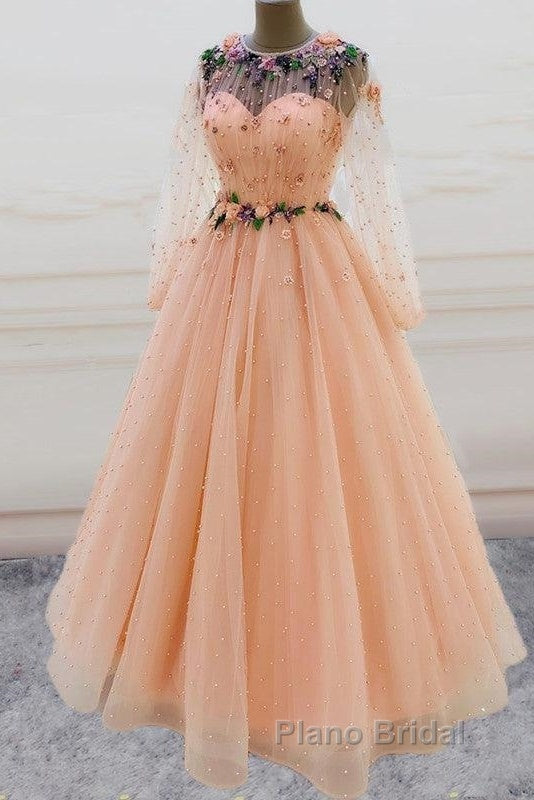 Long Sleeves Formal Prom Dresses Princess Tulle Beaded