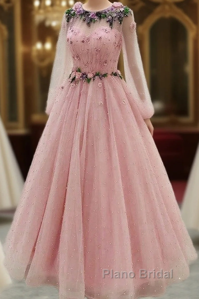 Long Sleeves Formal Prom Dresses Princess Tulle Beaded