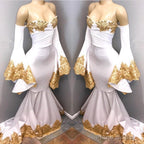 Long Sleeves Prom Party Gowns with gold appliques, mermaid evening dress