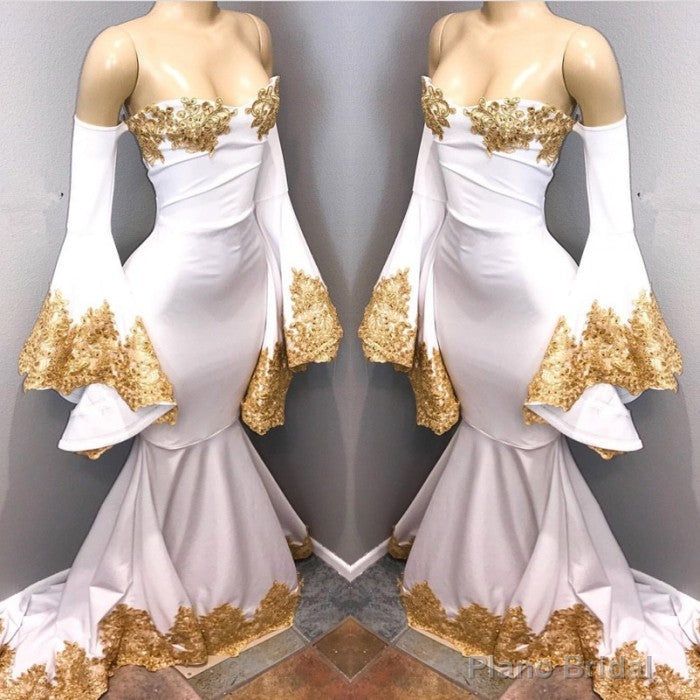 Long Sleeves Prom Party Gowns with gold appliques, mermaid evening dress