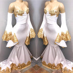 Long Sleeves Prom Party Gowns with gold appliques, mermaid evening dress