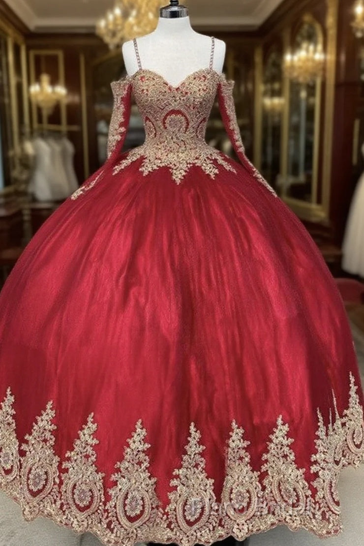 Long Sleeves Quinceanera Dresses Gold Lace Appliques Off Shoulder