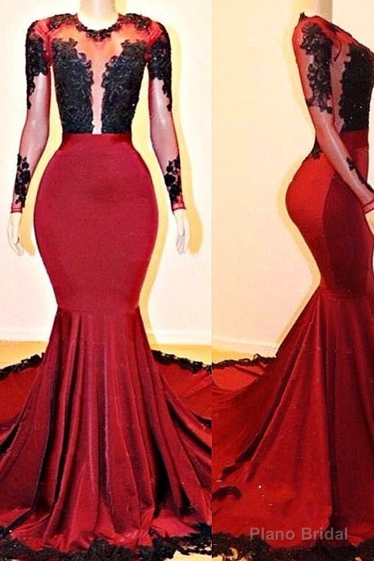Long Sleeves Round Collar Mermaid Prom Dress Red Sequins Long Chiffon Main image