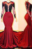 Long Sleeves Round Collar Mermaid Prom Dress Red Sequins Long Chiffon