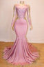 Long Sleeves Round Collar Mermaid Prom Dress Sequins Pink Long Chiffon