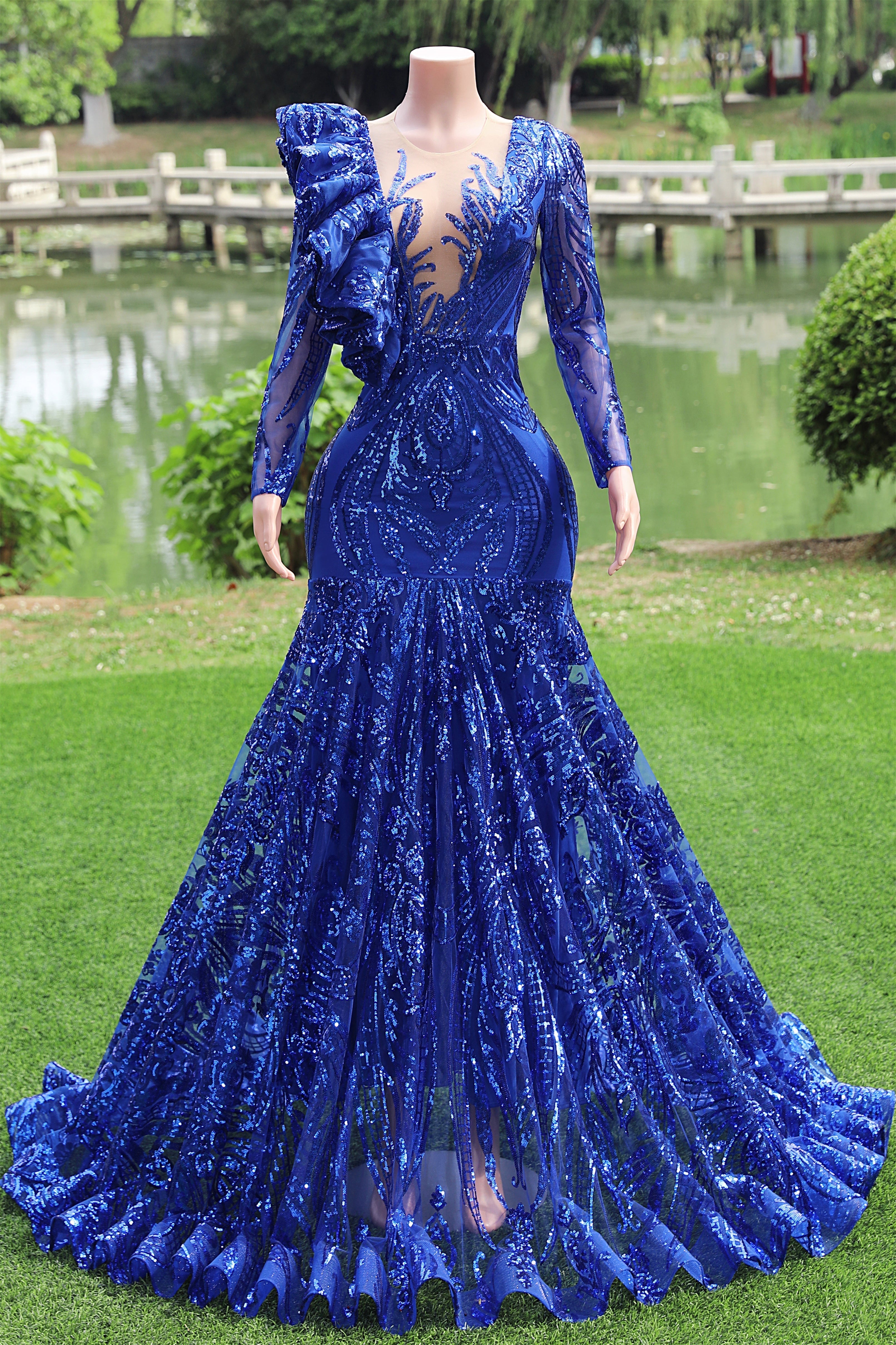 Long Sleeves Royal Blue Mermaid Ruffles V-Neck Floor Length Prom Dresses Main image