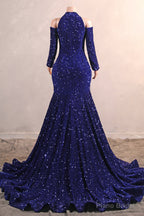 Long Sleeves Royal Blue Prom Dresses Sequin Mermaid Long Dress