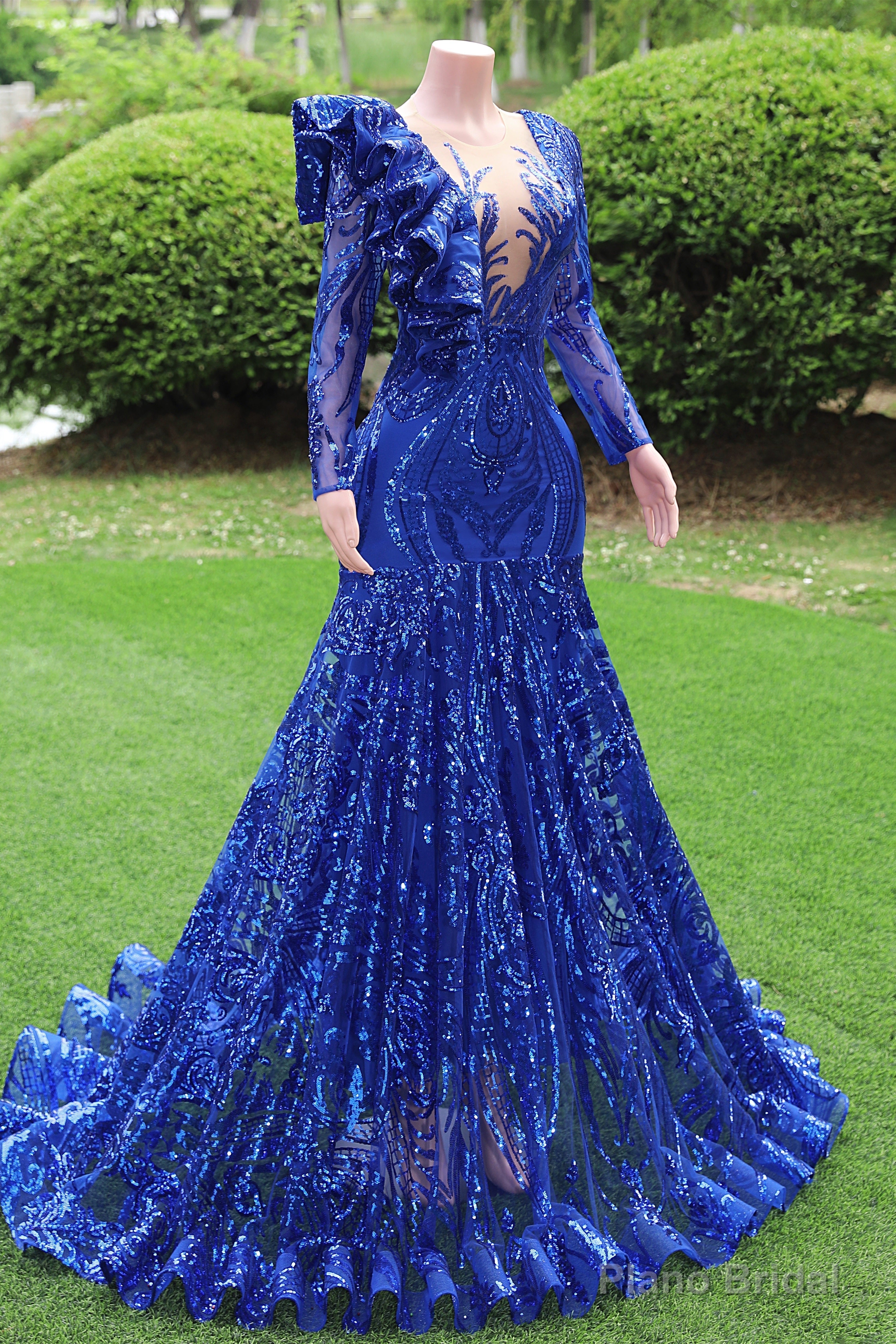 Long Sleeves Royal Blue Prom Dresses Sequin Mermaid Long Formal Dresses Secondary image