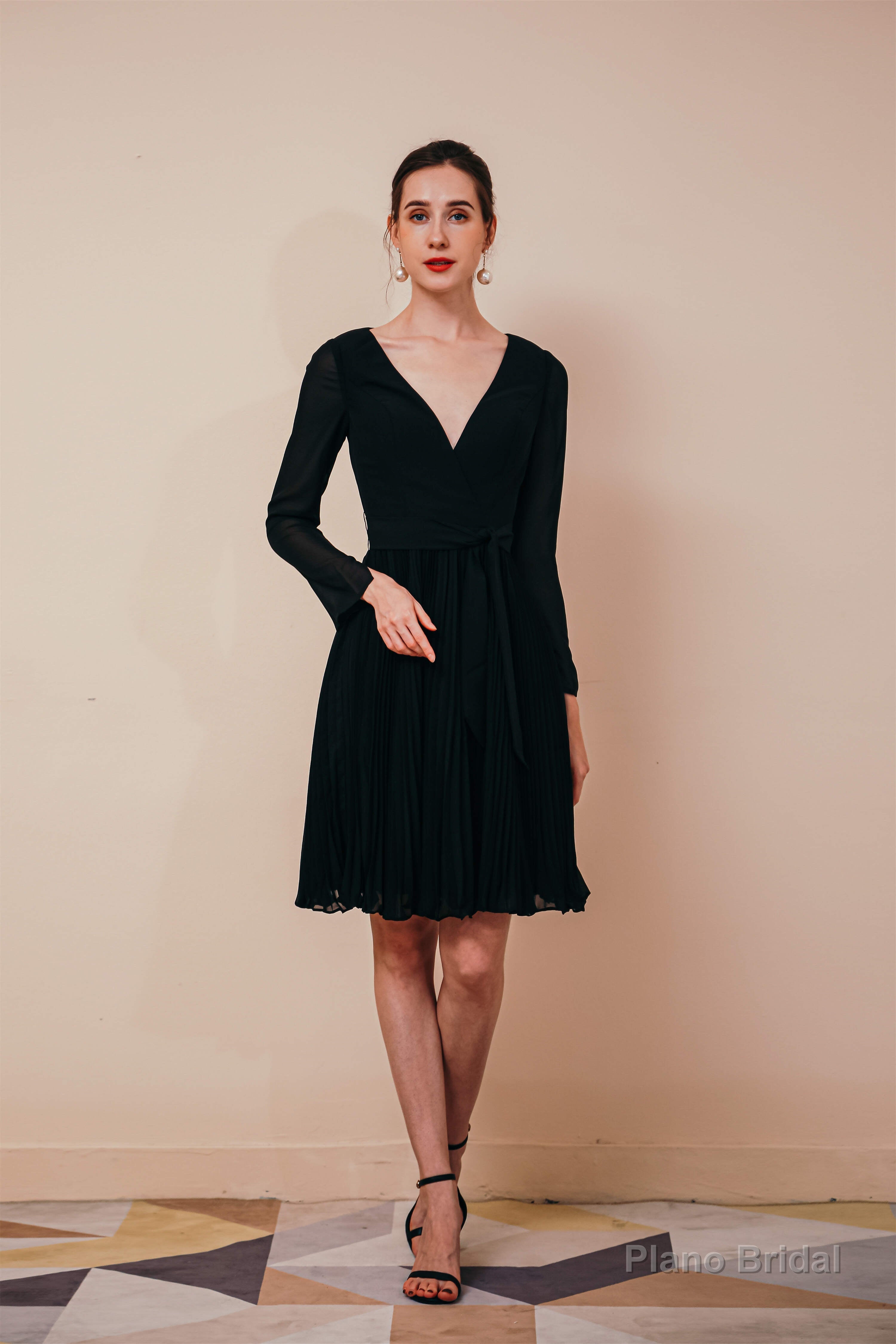 Long Sleeves Ruffles with Belt Knee Length Chiffon Prom Dresses Main image