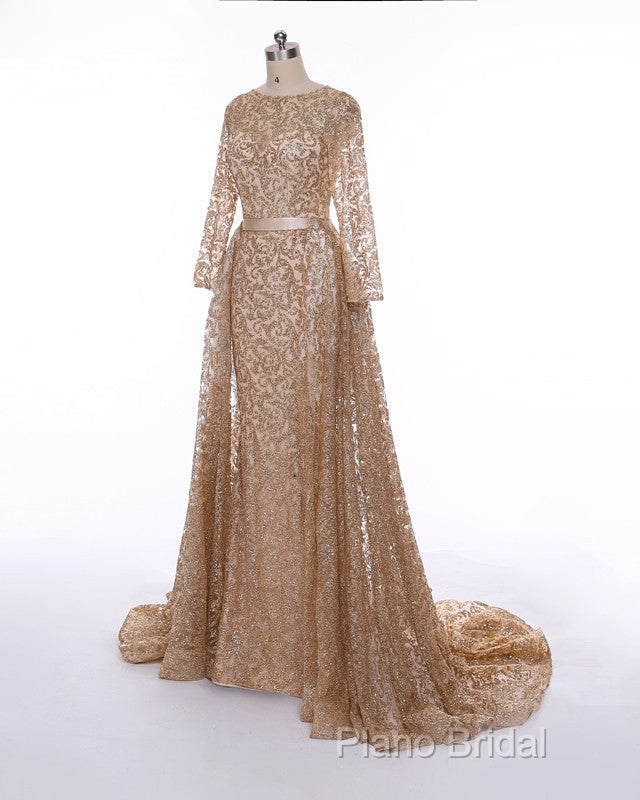 Long Sleeves Sequin Gold Mermaid Formal Prom Dresses Secondary image