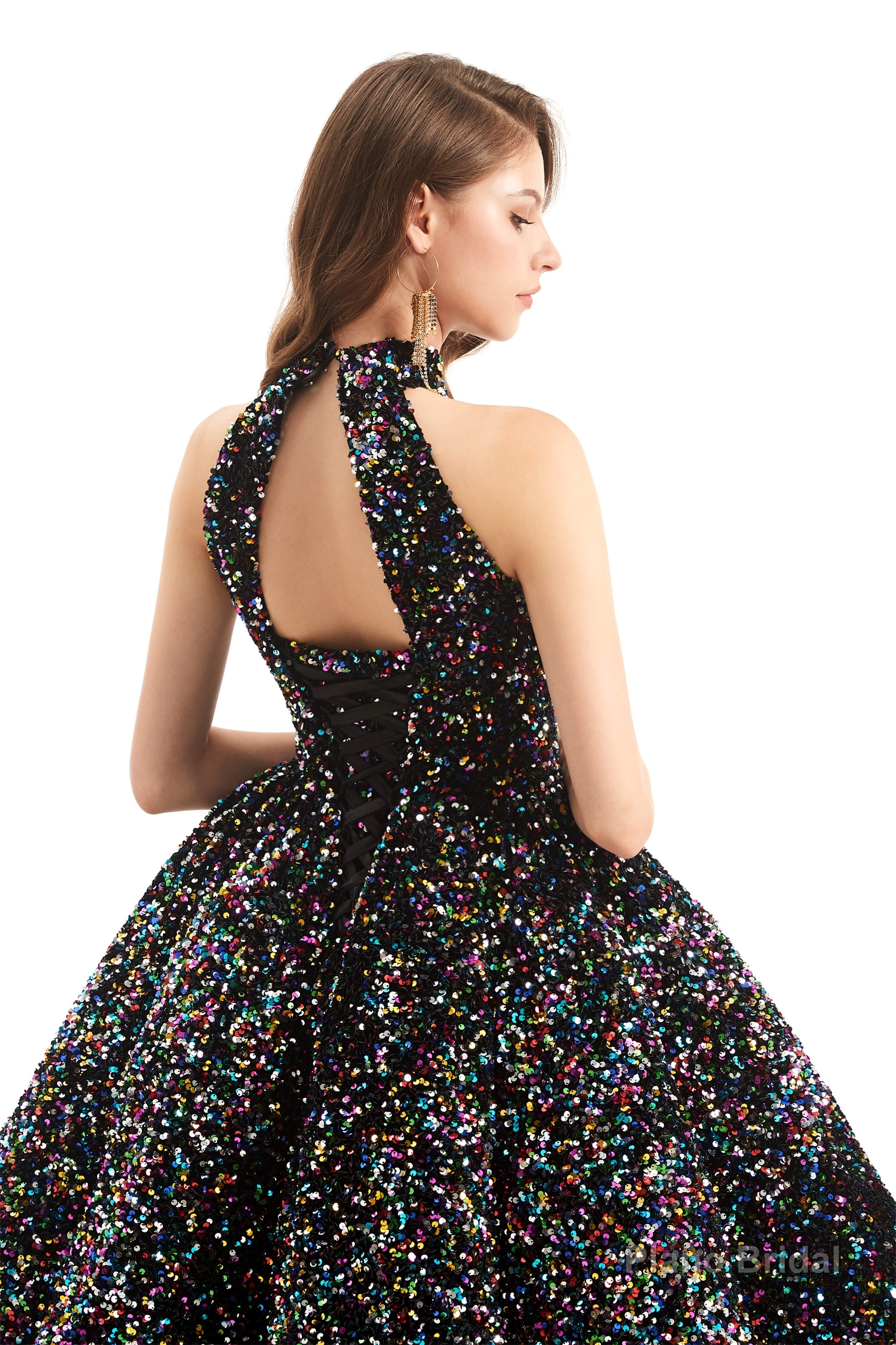 Long Sleeves Sequins Backless O Neck Quinceanera Dresses