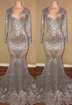 Long Sleeves Sequins Prom Party Gowns| Mermaid V-Neck Evening Gowns