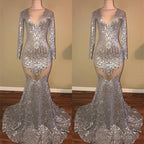 Long Sleeves Sequins Prom Party Gowns| Mermaid V-Neck Evening Gowns