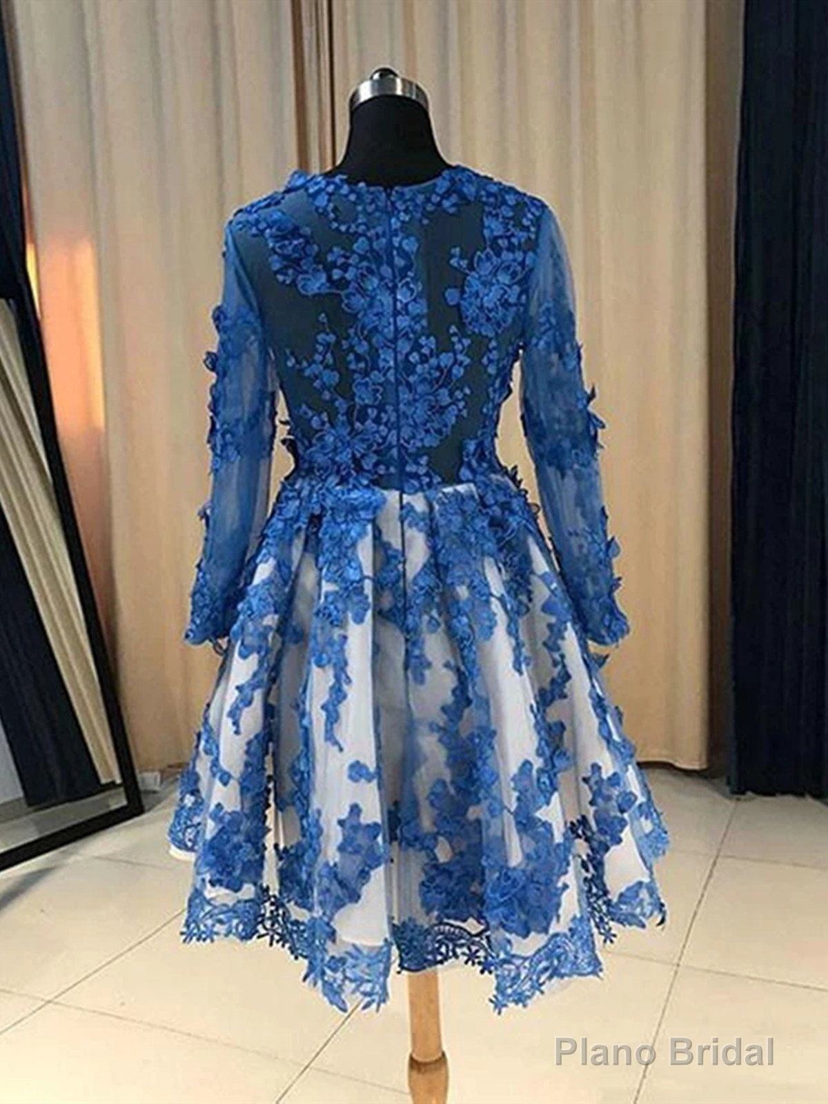 Long Sleeves Short Blue Lace Prom Dresses, Short Blue Lace Formal Homecoming Graduation Dresses Main image