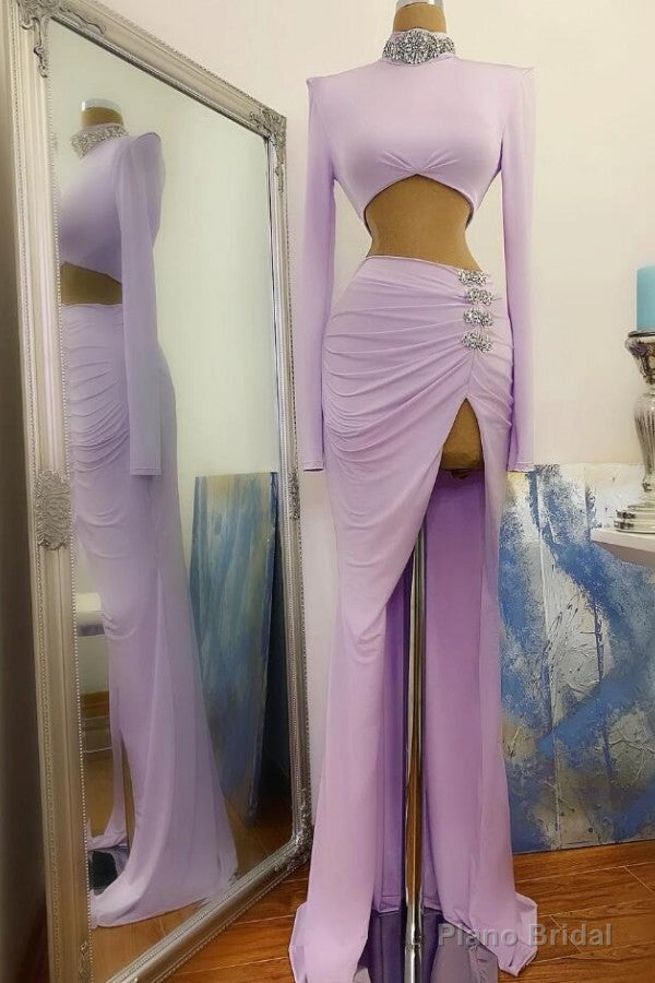 Long Sleeves Small Round Collar Prom Dress Purple Beaded Long Chiffon Main image