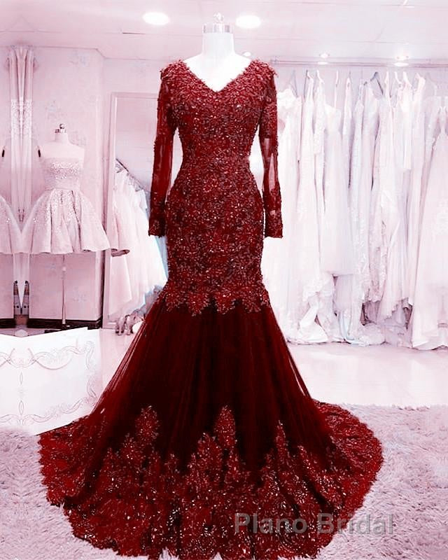 Long Sleeves V-neck Lace Formal Prom Mermaid Dresses,Women Evening Dresses Secondary image