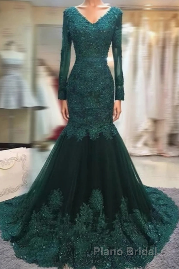 Long Sleeves V-neck Lace Formal Prom Mermaid Dresses,Women Evening Dresses Main image