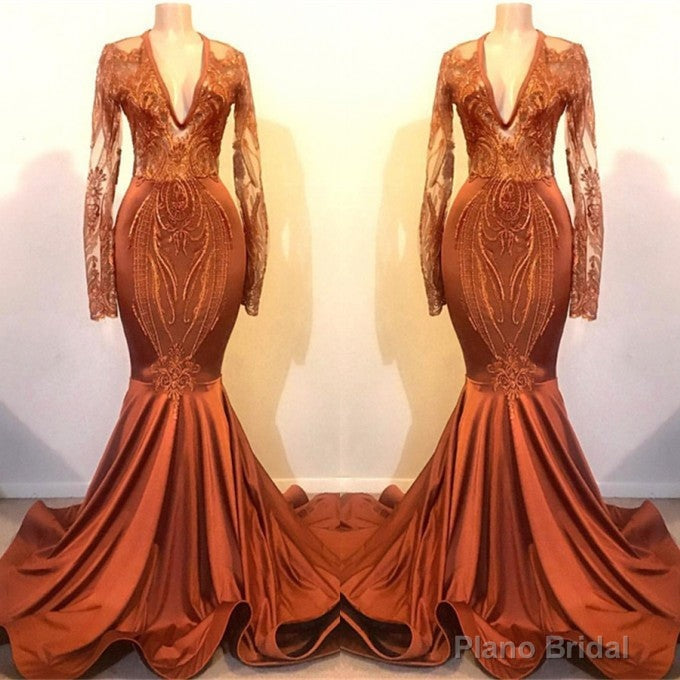 Long Sleeves V-neck Mermaid Prom Dress Sequins Gold Long Chiffon Lace Secondary image