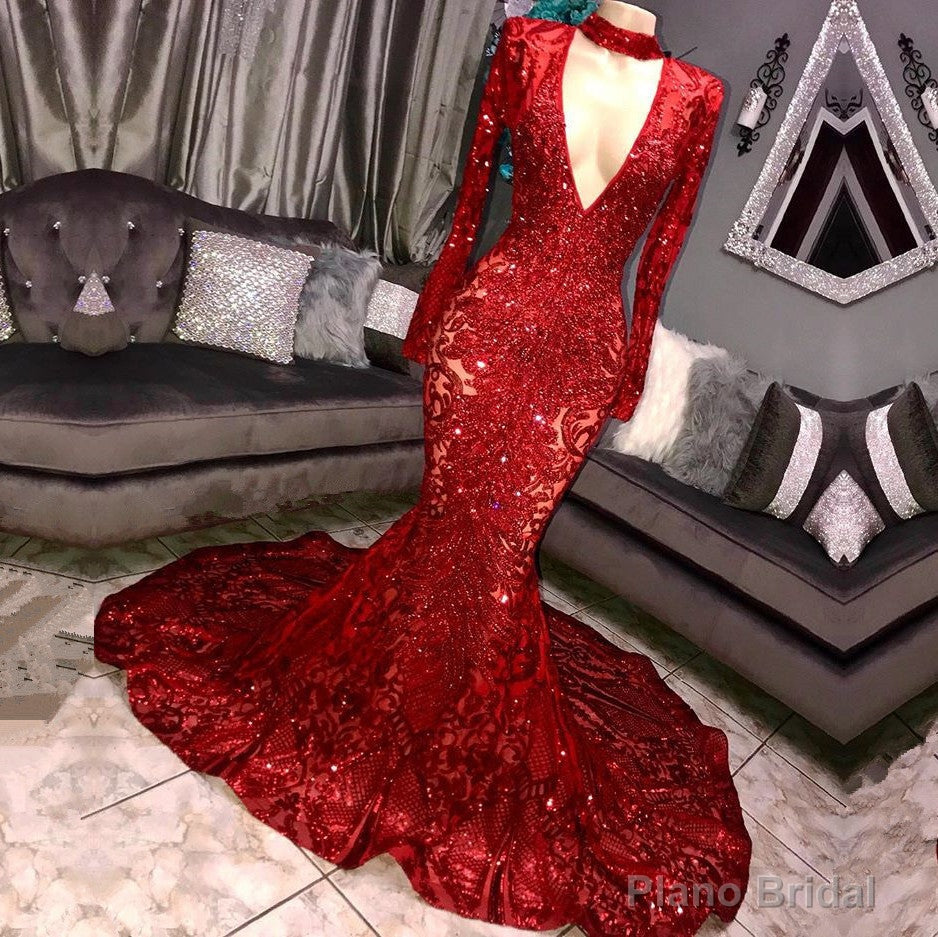 Long Sleeves V-neck Mermaid Prom Dress Sequins Long Chiffon Red Royal Blue Secondary image