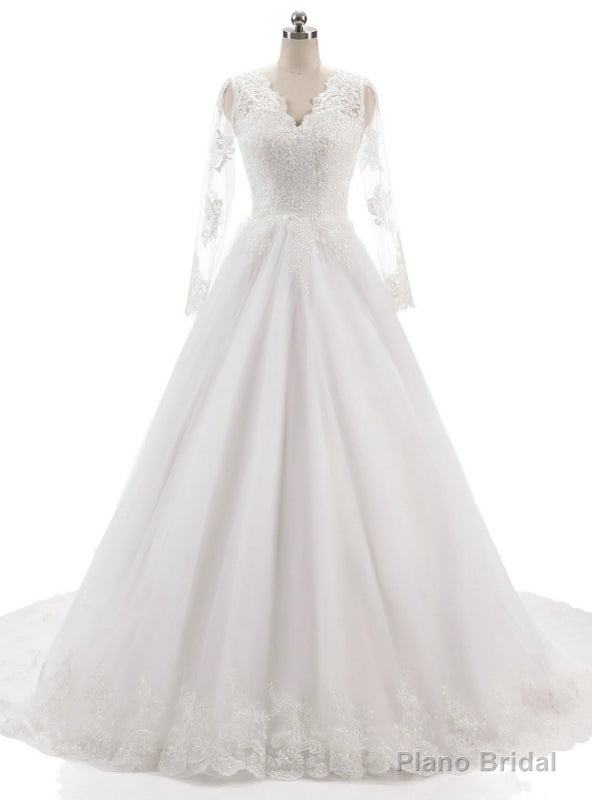 Long Sleeves V Neckline Backless Lace Appliques Wedding Gowns Main image