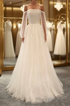 Long Sleeves White Tulle Formal Prom Wedding Dresses, Long Sleeves White Tulle Formal Evening Dresses
