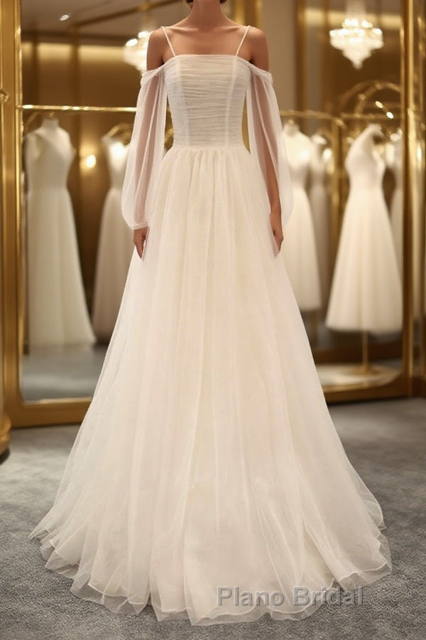 Long Sleeves White Tulle Formal Prom Wedding Dresses, Long Sleeves White Tulle Formal Evening Dresses