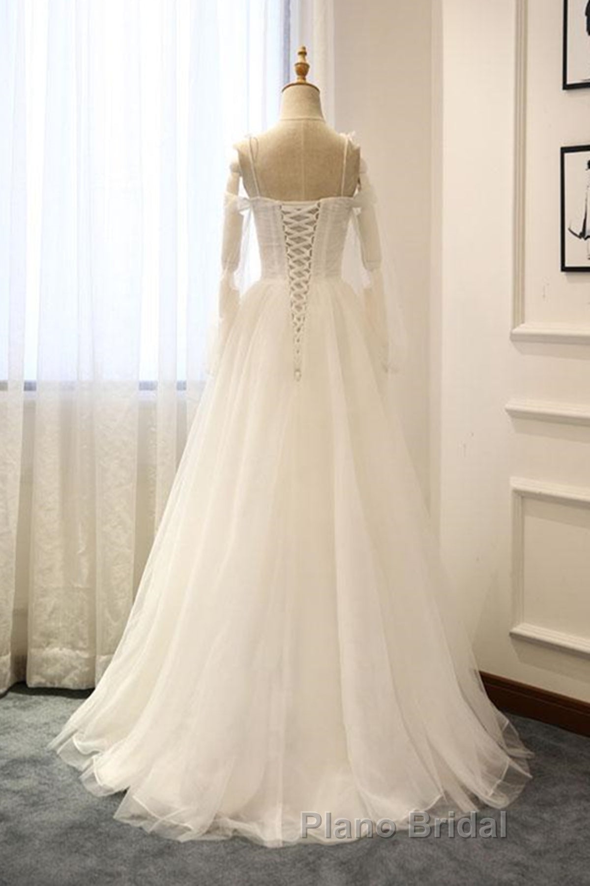 Long Sleeves White Tulle Formal Prom Wedding Dresses, Long Sleeves White Tulle Formal Evening Dresses Secondary image