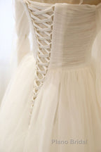 Long Sleeves White Tulle Formal Prom Wedding Dresses, Long Sleeves White Tulle Formal Evening Dresses