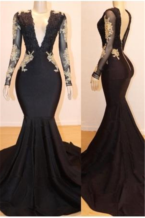 Long Sleevess Appliques Mermaid V-Neck Long Prom Dresses Main image