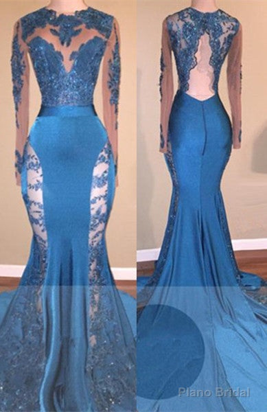 Long Sleevess Lace Appliques Open Back Brush Train Mermaid Prom Gowns Main image