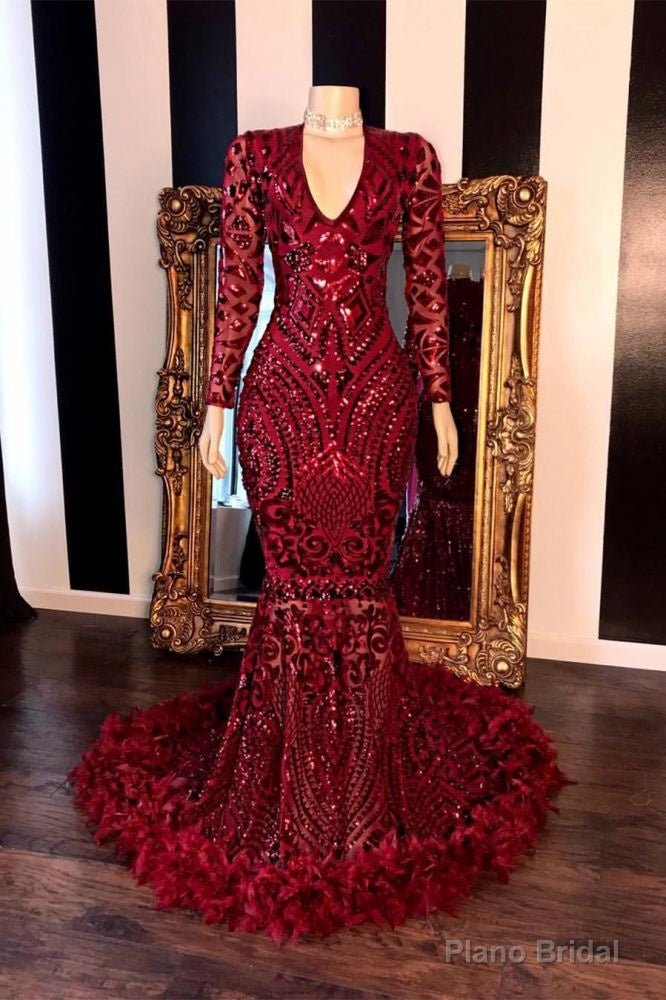 Long Sleevess V-neck Beading Patterns Long Mermaid Prom Gowns Main image
