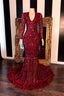 Long Sleevess V-neck Beading Patterns Long Mermaid Prom Gowns
