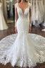Long Sleevess V neck Mermaid White Long Train Wedding Dress